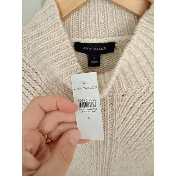 NWT Ann Taylor Fringe Ribbed Sweater L Large Ivory Mock Neck Acrylic NEW - Picture 5 of 7